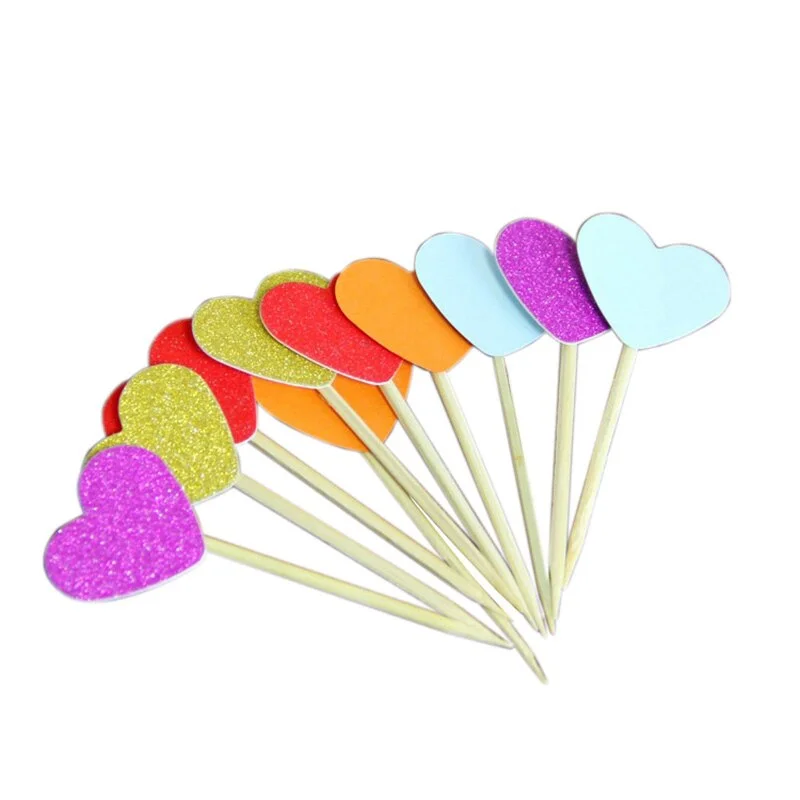 40pcs Multicolor Heart Shaped Cupcake Cake Topper Sticker Flag for Baby Shower Wedding Birthday Party Home Decoration Supplies