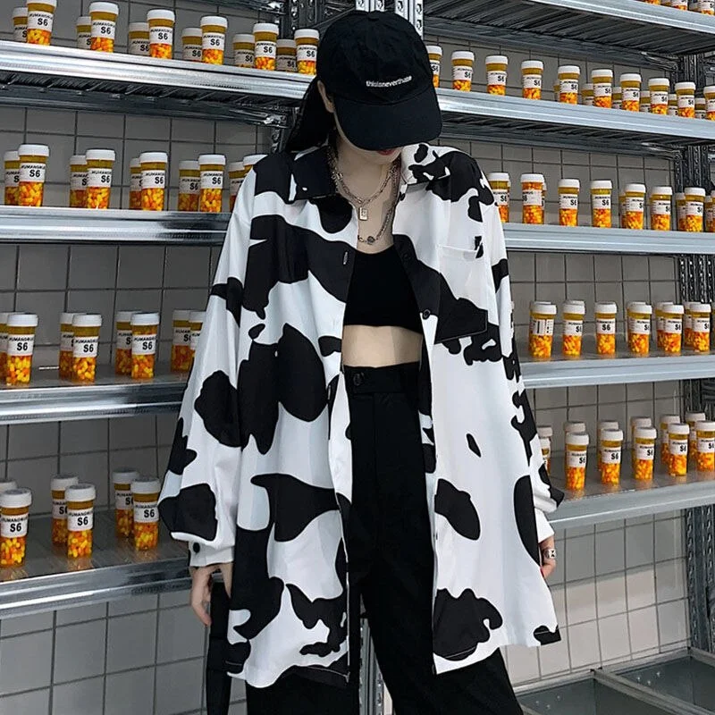 Shirts Women Long Sleeve Cow Printed Lovely Oversize Hip Hop Leisure Fashion Womens Sun-proof 2020 Autumn New Stylish Streetwear