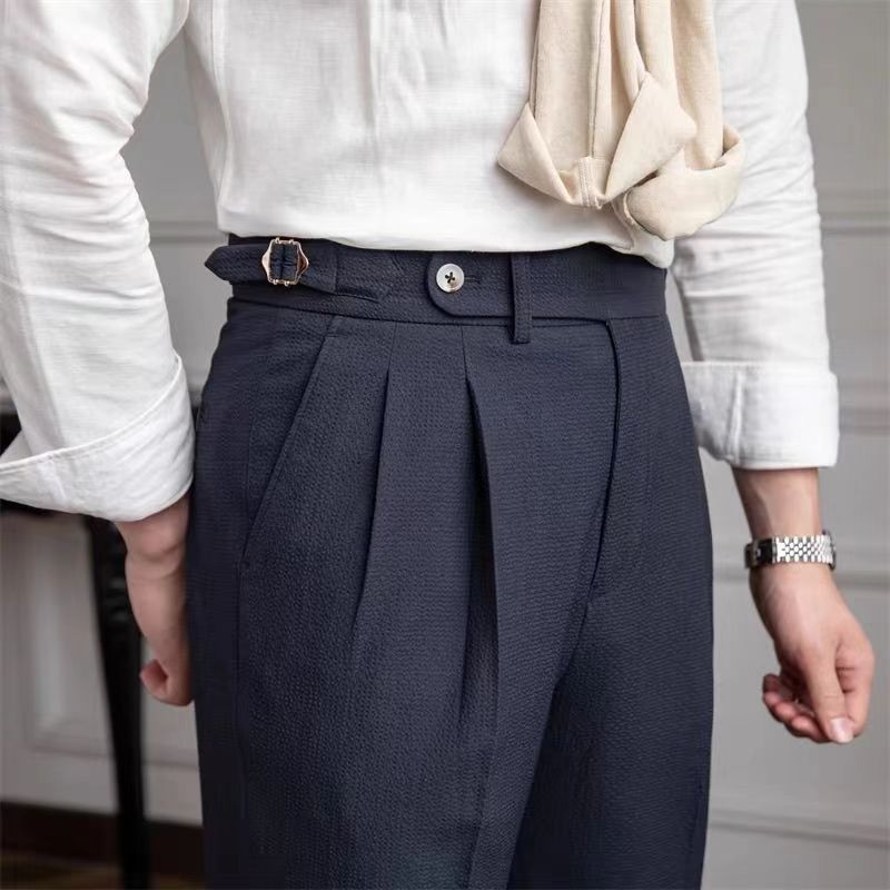 Gandisa Seersucker Naples Suit Trousers Mens British Stylish High-waisted Belt Design Straight Pants Summer Slim Business Casual Pants