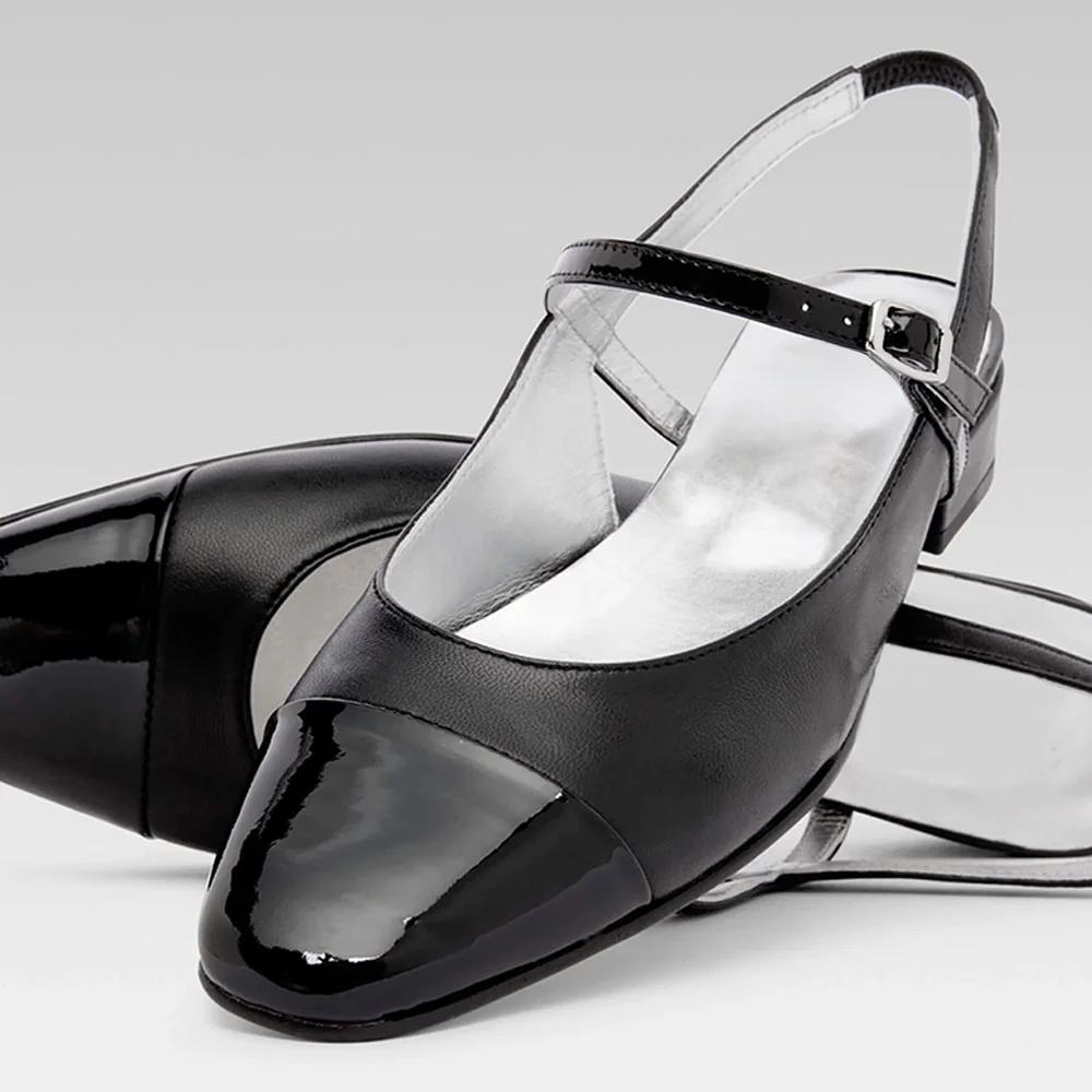 Black Square Toe Buckle Mary Jane Slingback Flat Shoes for Women