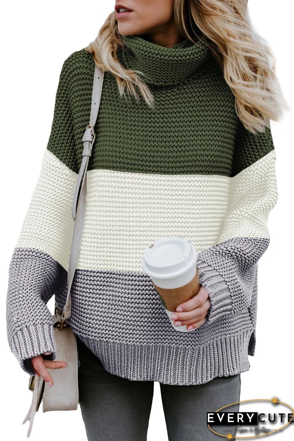 Green Turtleneck Color Block Pullover Sweater