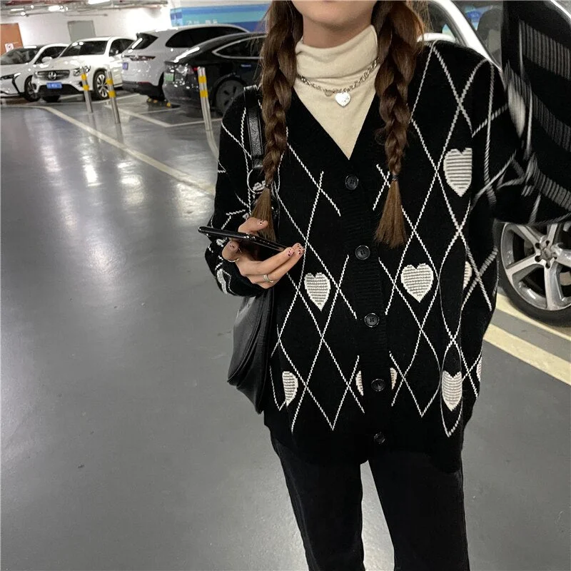 Cardigan Women Vintage Female V-neck Lovely Cartoon Pattern Preppy Style Knitting Outerwear Sweet Long Sleeve Spring Autumn Chic