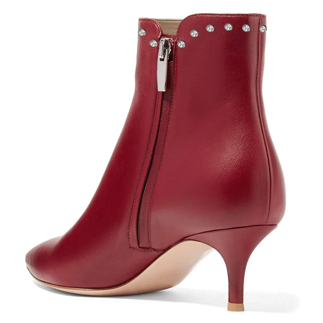 Maroon Vegan Leather Kitten Heel Side-Zip Closure Studded Ankle Boots