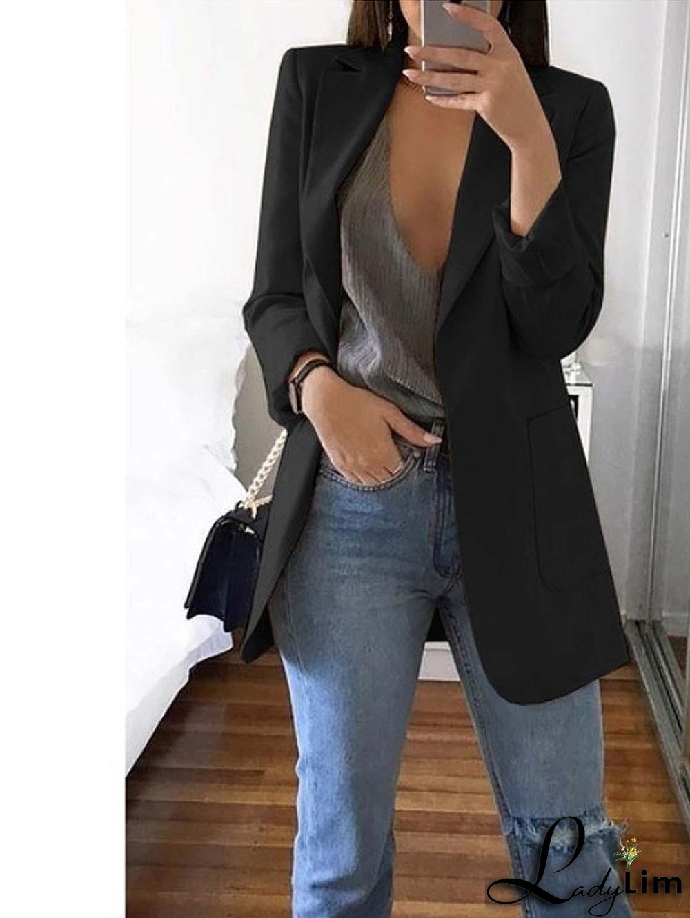 Laper Collar Double Button Pocket Side Pea Coat