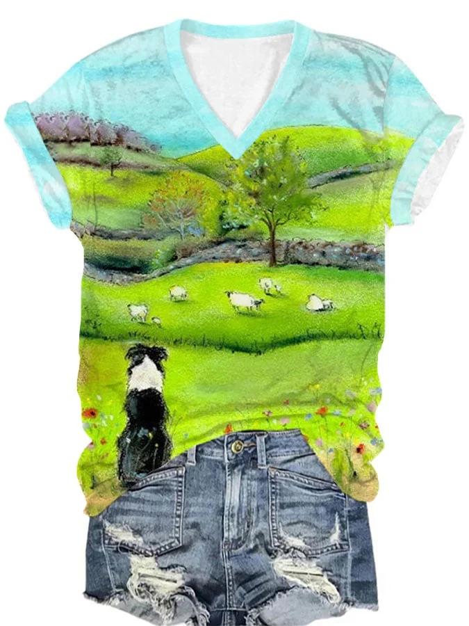 Womens Sheepdog and Sheep Print V-Neck T-Shirt