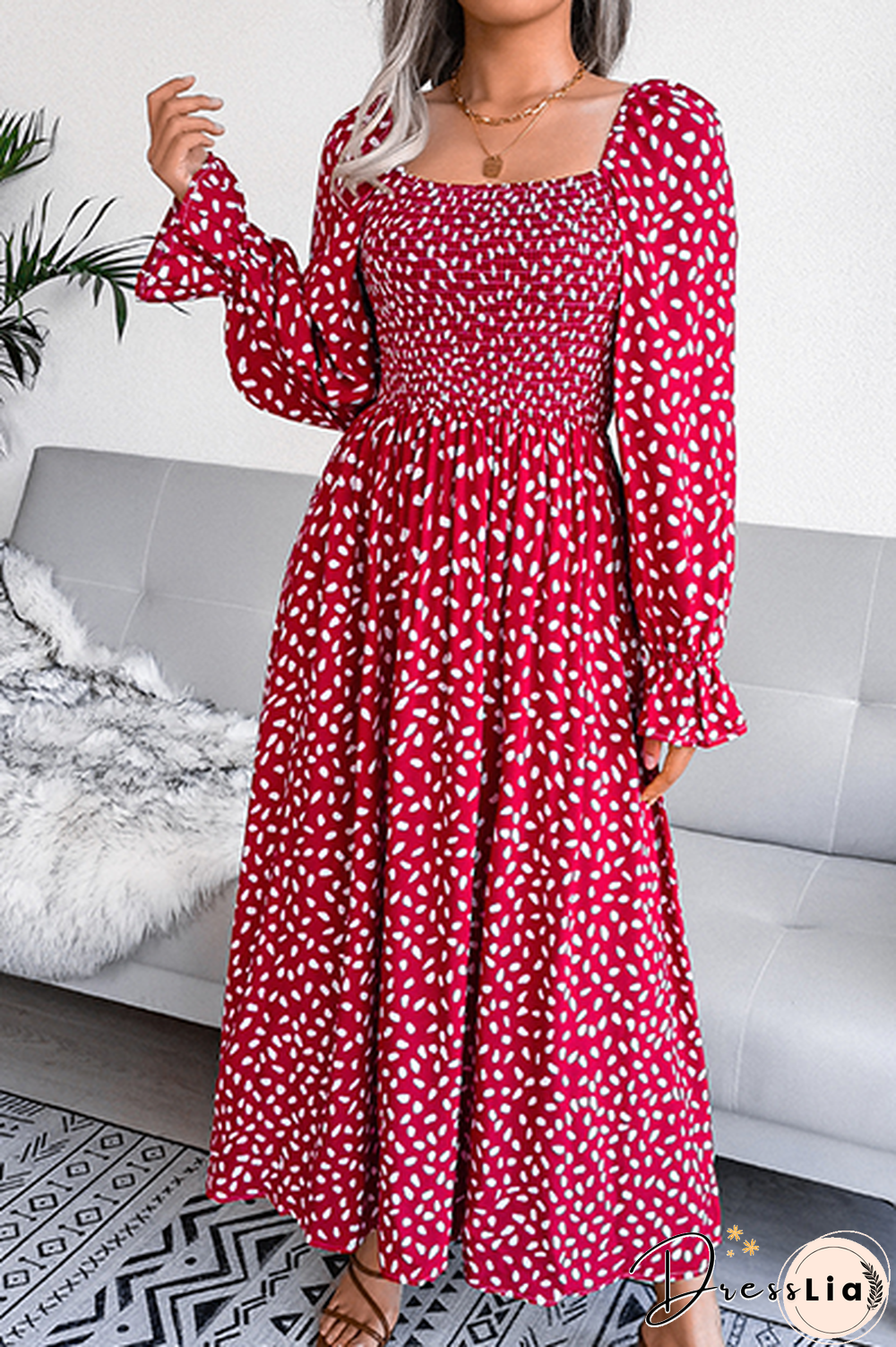 Elegant Print Flounce Fold Square Collar Dresses