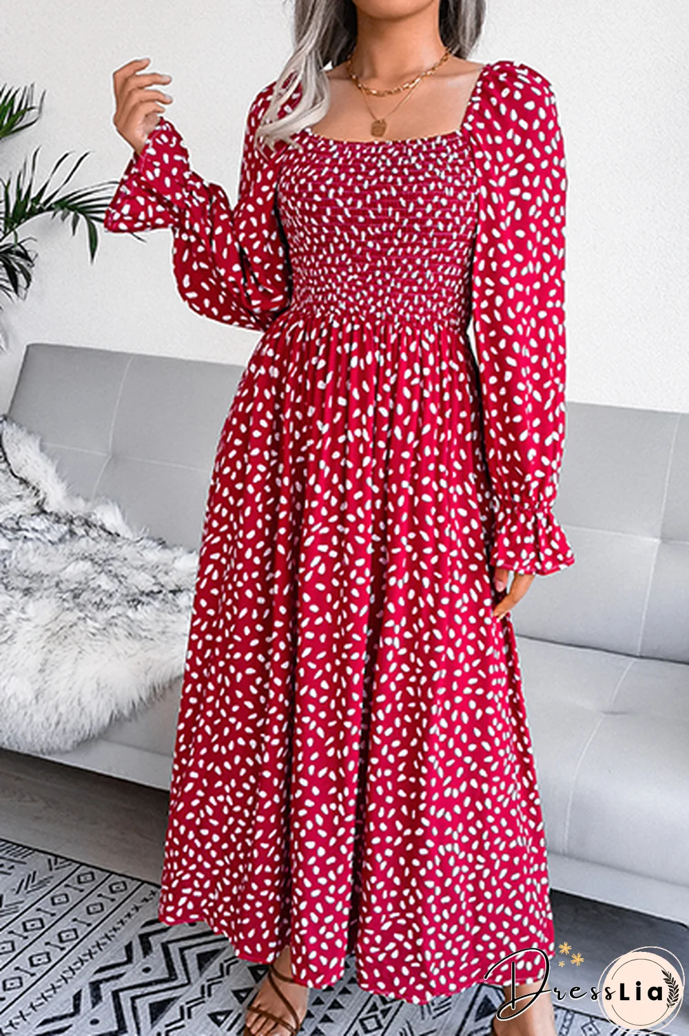 Elegant Print Flounce Fold Square Collar Dresses