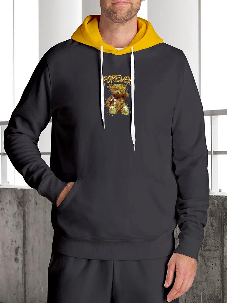 Men Bear And Letter Graphic Color Block Drawstring Hoodie