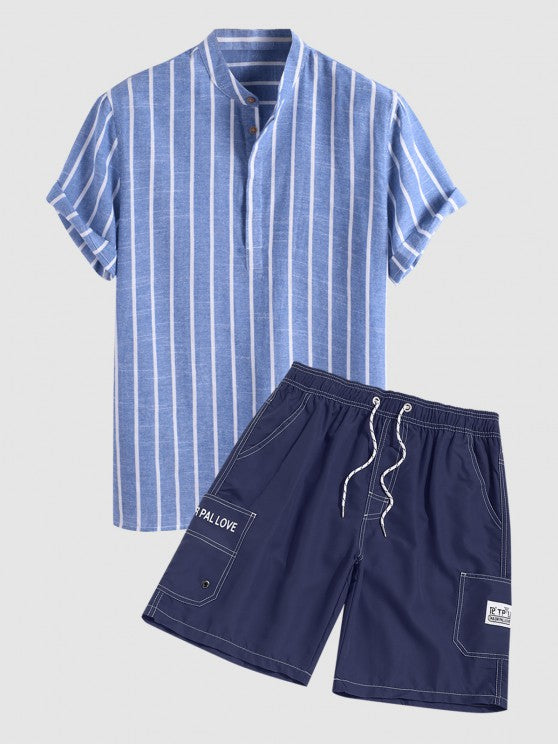 Casual Striped Shirt And Stitching Drawstring Cargo Shorts