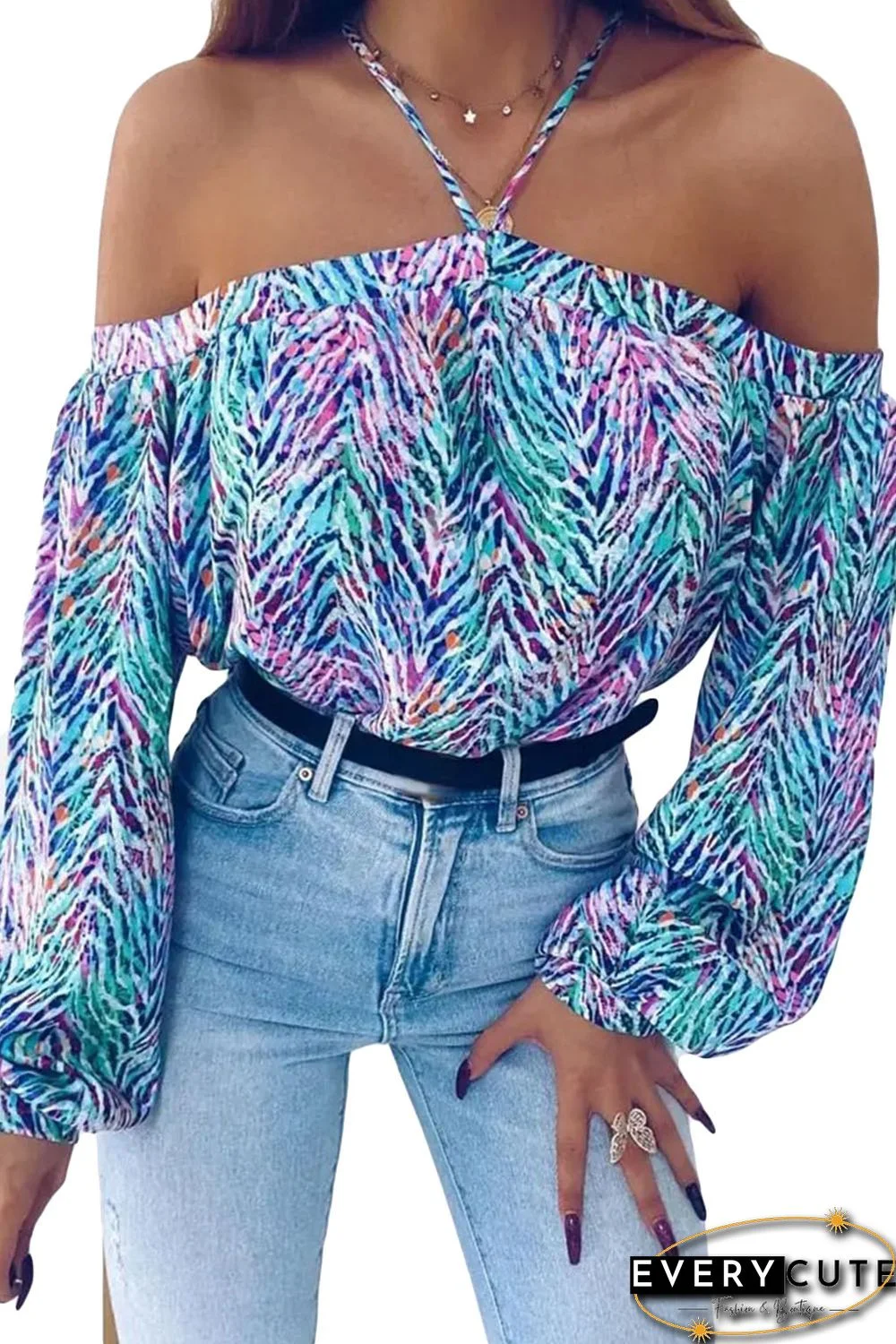 Sky Blue Allover Print Halter Neck Off Shoulder Blouse