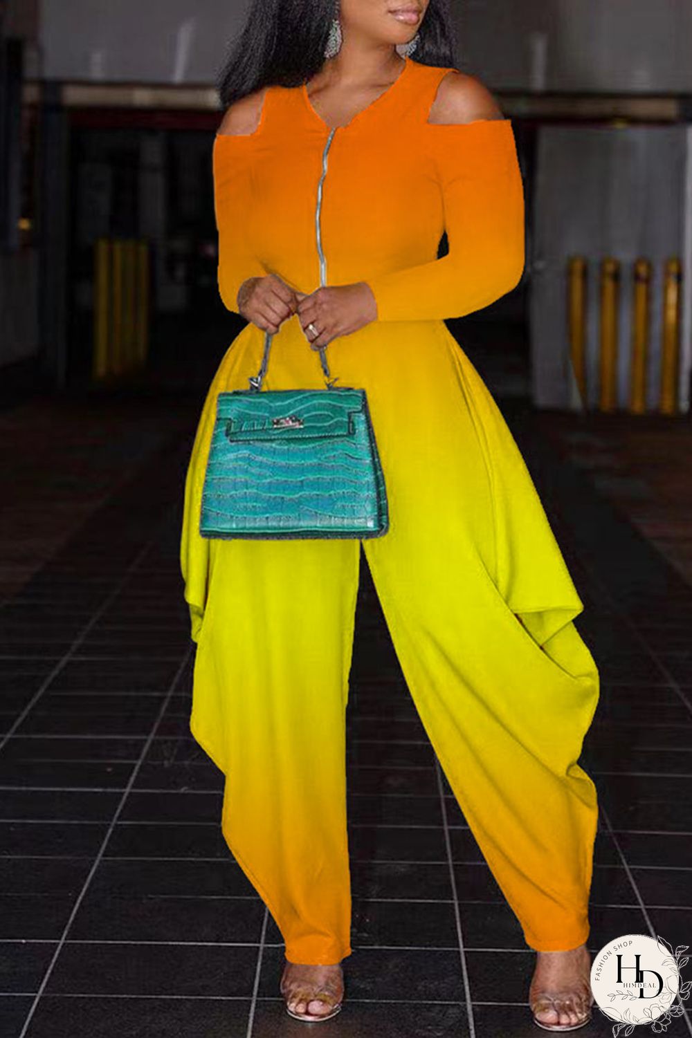 Blue Fashion Casual Gradual Change Print Hollowed Out V Neck Regular Jumpsuits