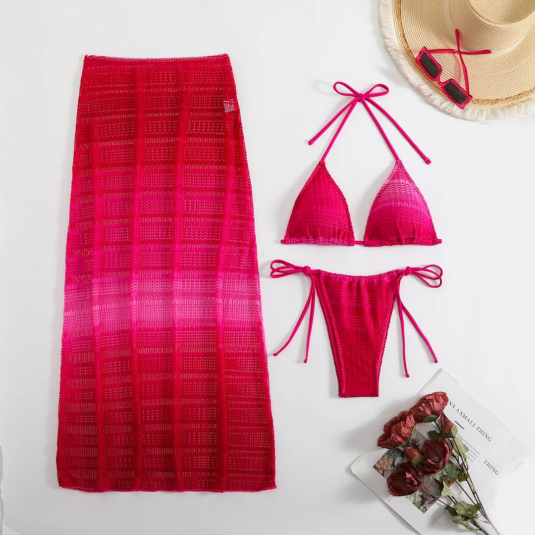 Brownm 2025 New Gradient Mesh Three-Piece Beach Dress Sexy Bikini