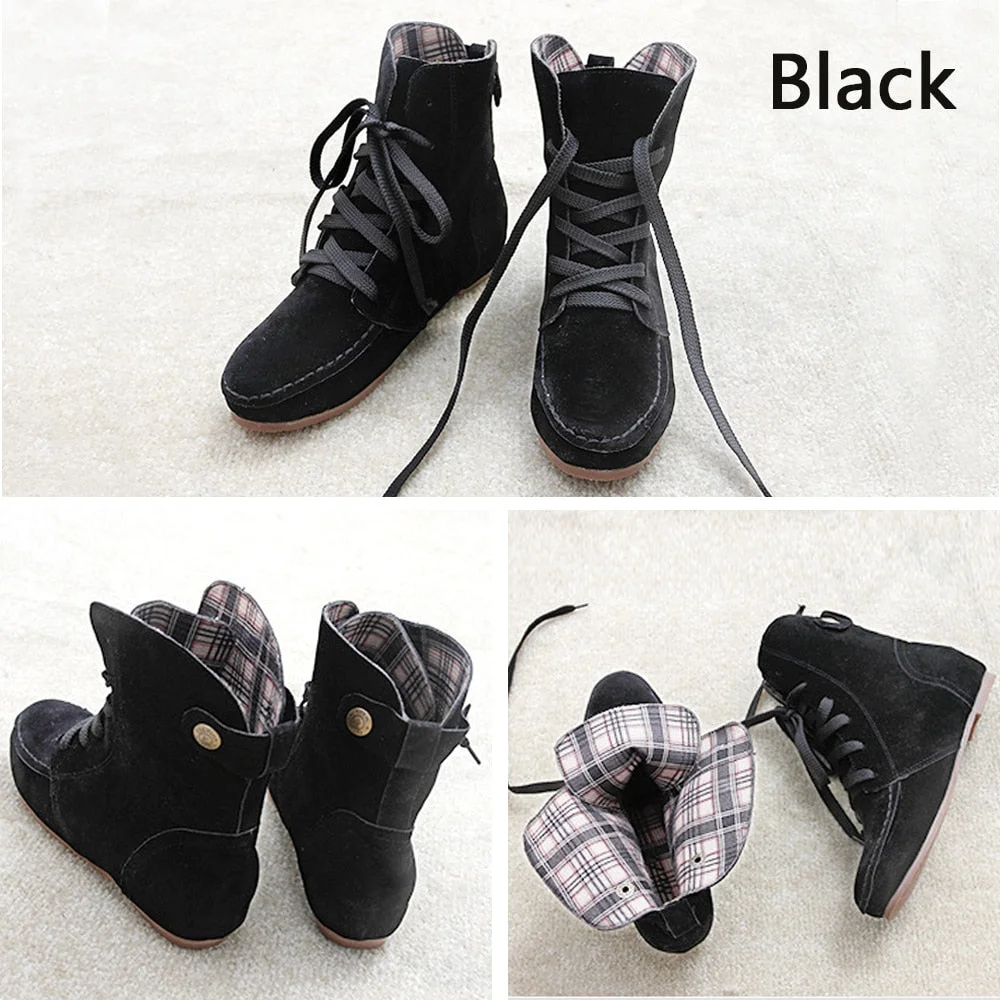 Women Suede Leather Ankle Boots Casual Lace Up Winter Boots Comfortable Soft Rubber Solid Black Flat Shoes Plus Size Female 2019
