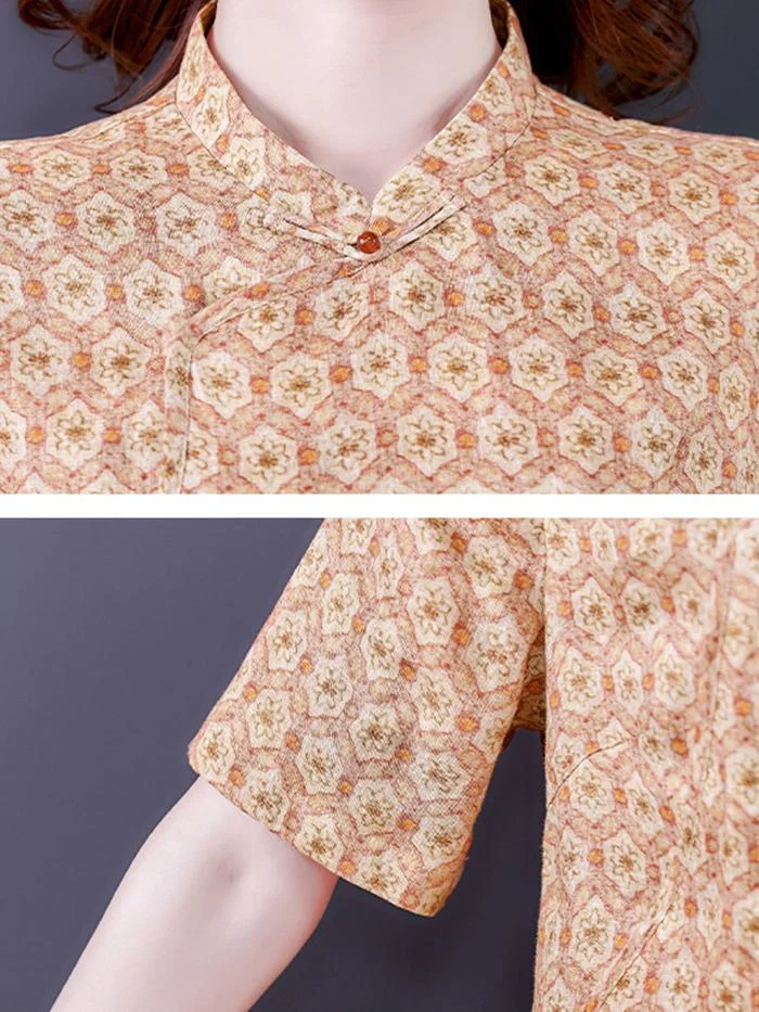 Women's new printed retro short-sleeved cheongsam linen long dress