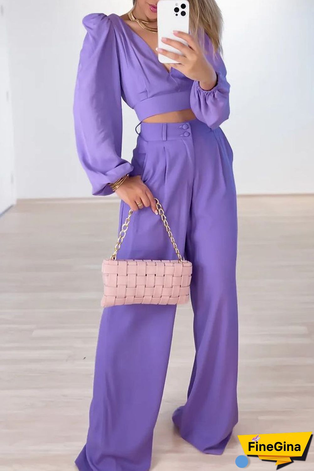 Work Elegant Solid Buttons V Neck Long Sleeve Two Pieces