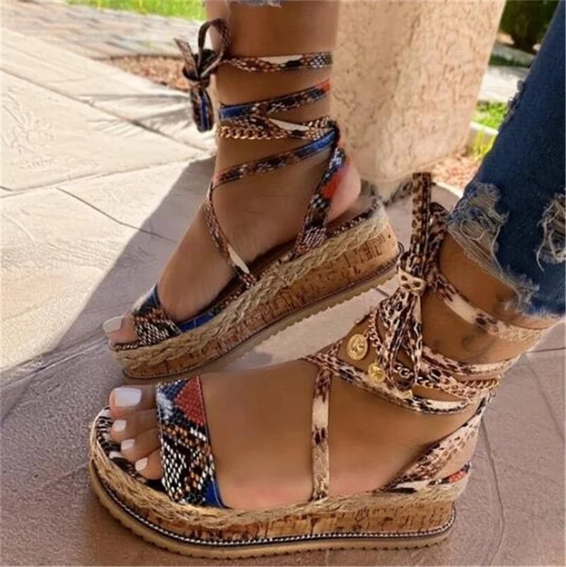 2020 New  Women Platform Sandals Fashion Snakeskin Buckle Strap Mid Heel Shoes Wedding Party Dress Female Sandals Shoes 35-43