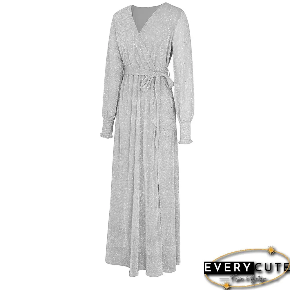 Silver Sequin V Neck High Split Maxi Dress