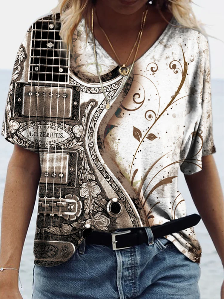 Vintage Guitar Inspired V Neck Casual T Shirt