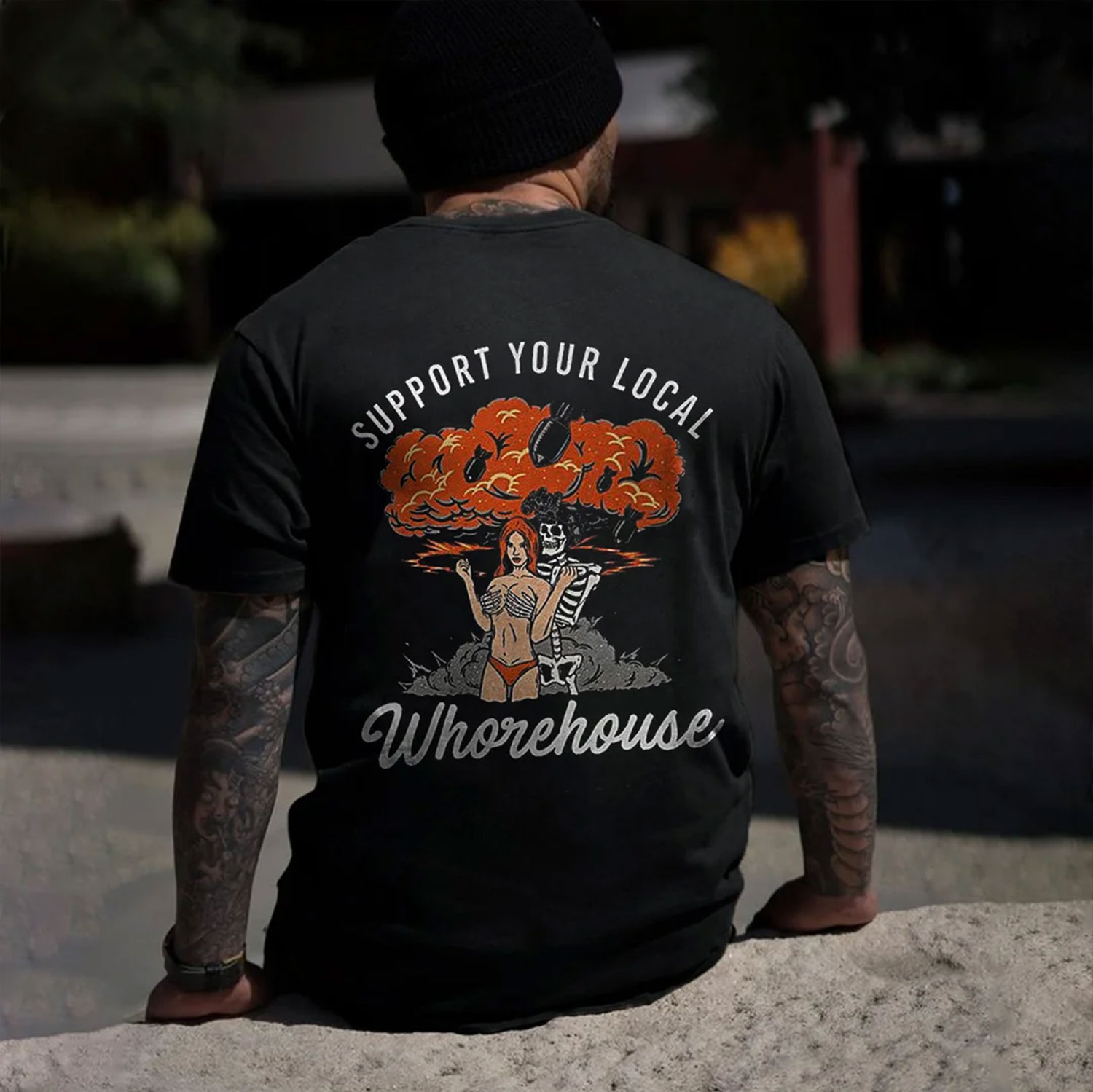 SUPPORT YOUR LOCAL Whorehouse Flirt Graphic Black Print T-shirt