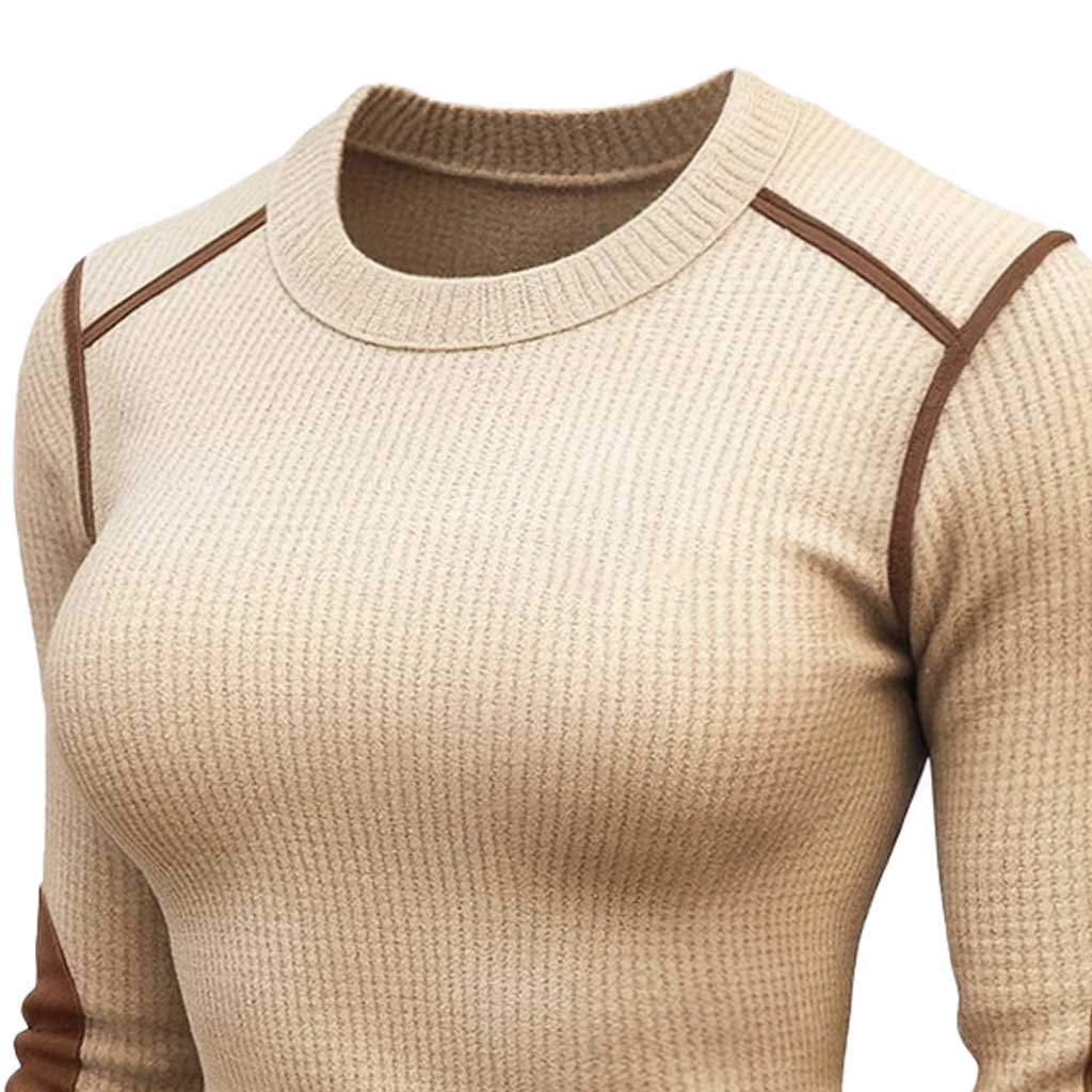 Women's Retro Waffle Knit Contrast Color Suede Long Sleeve Crew Neck Sweatshirt