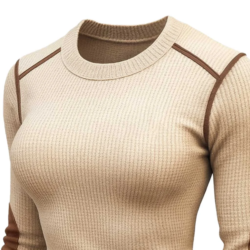 Women's Retro Waffle Knit Contrast Color Suede Long Sleeve Crew Neck Sweatshirt