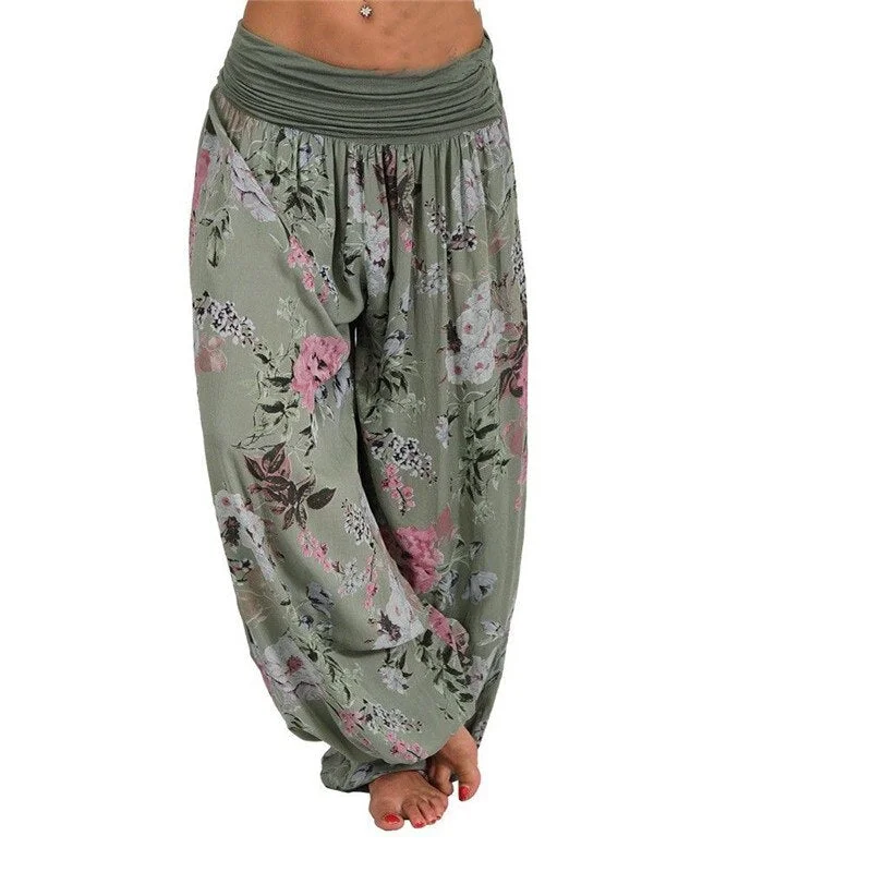 Women Bohemian Floral Print Long Pants 2021 Mid Waist Vintage Harem Pants Elastic Waist Boho Beach Trousers Plus Size 5XL