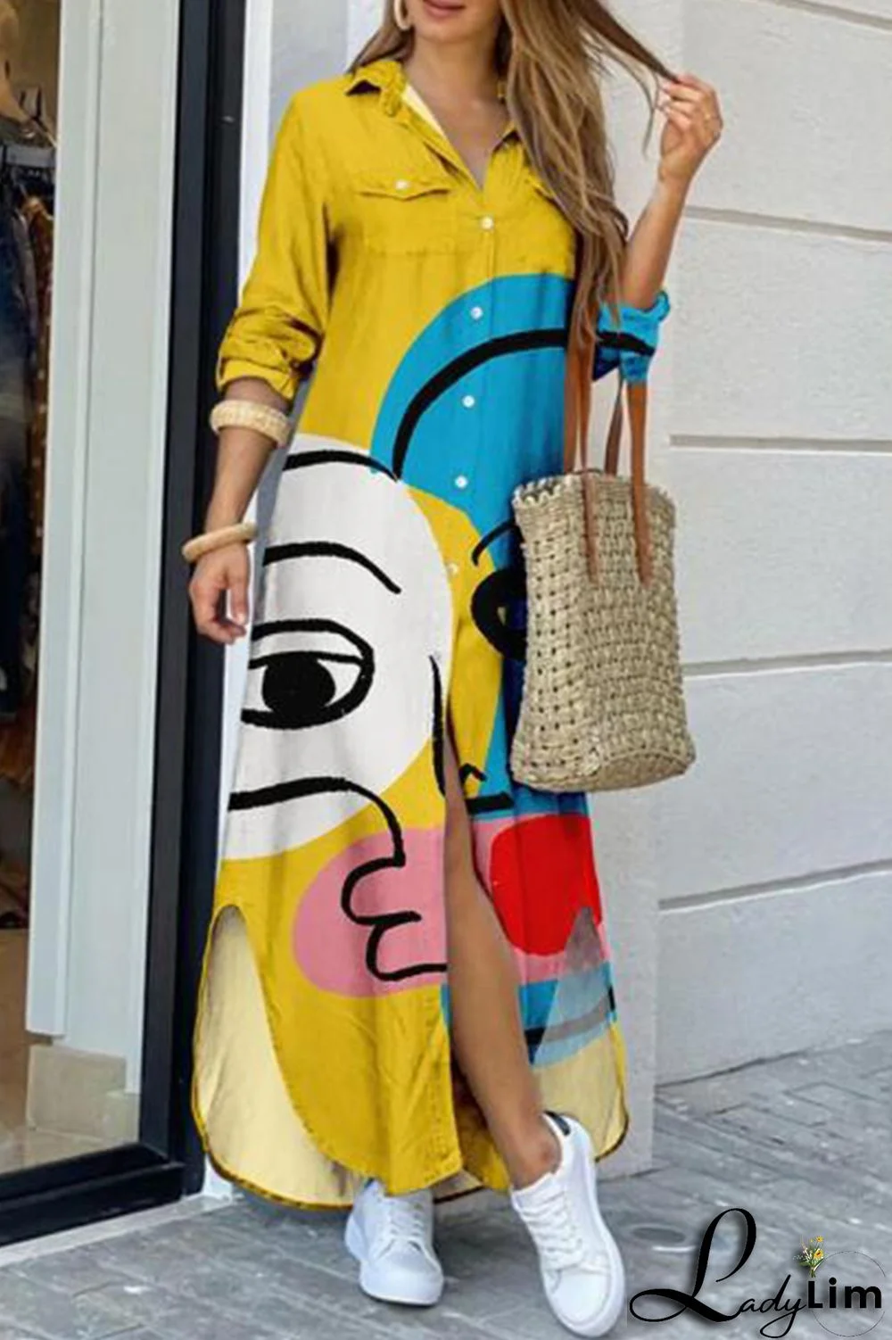 Cream White Fashion Casual Print Slit Turndown Collar Shirt Dress