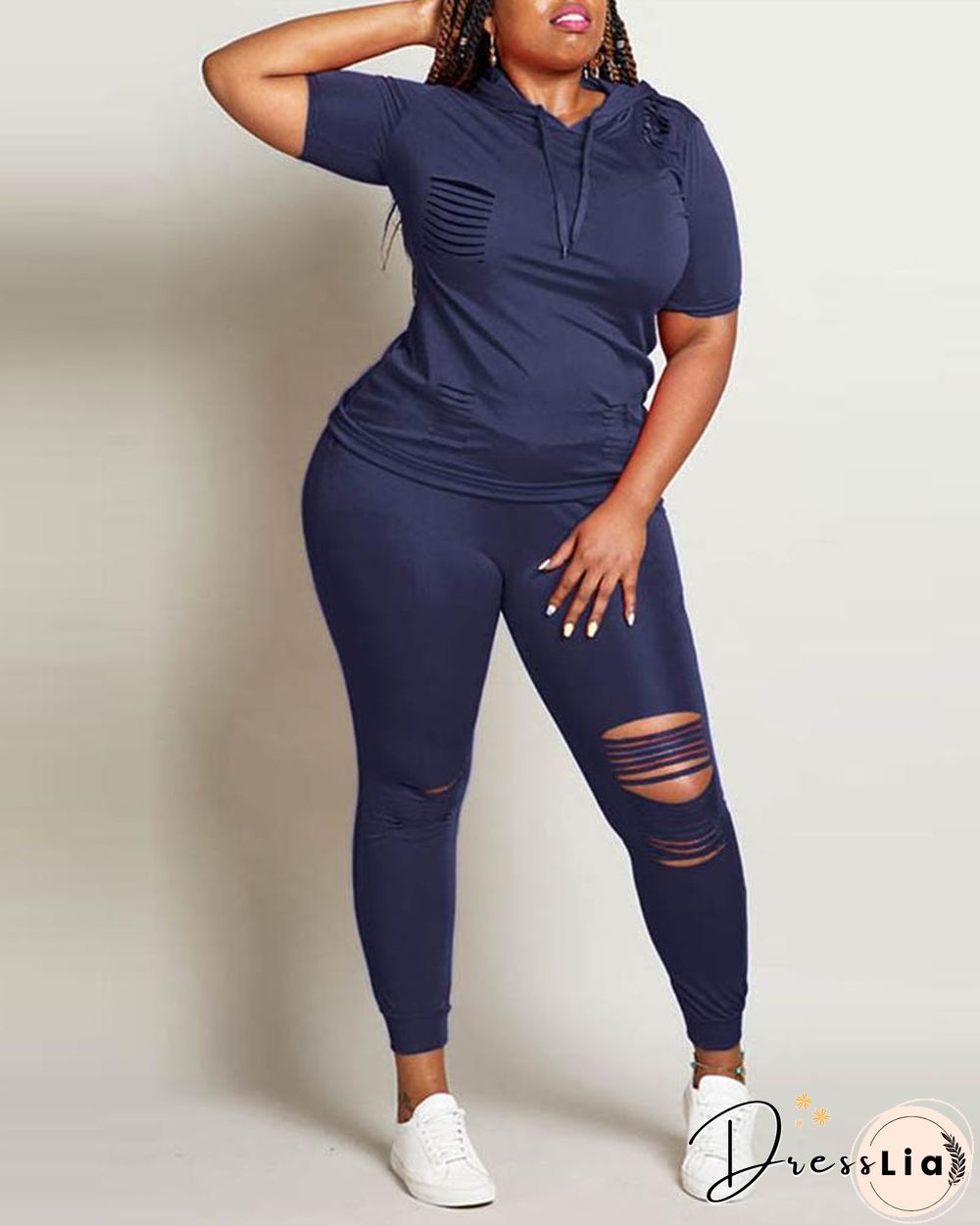 Solid Ladder Cutout Hooded Top & Pants Set