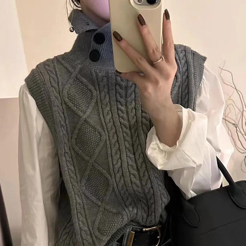 Churchf Churchf 2024 New European Goods Button High-Neck Knit Vest Female Retro Button Pure Color Rhomenge Vest Tide