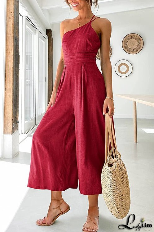 One Shoulder Straps Wide Leg Jumpsuits