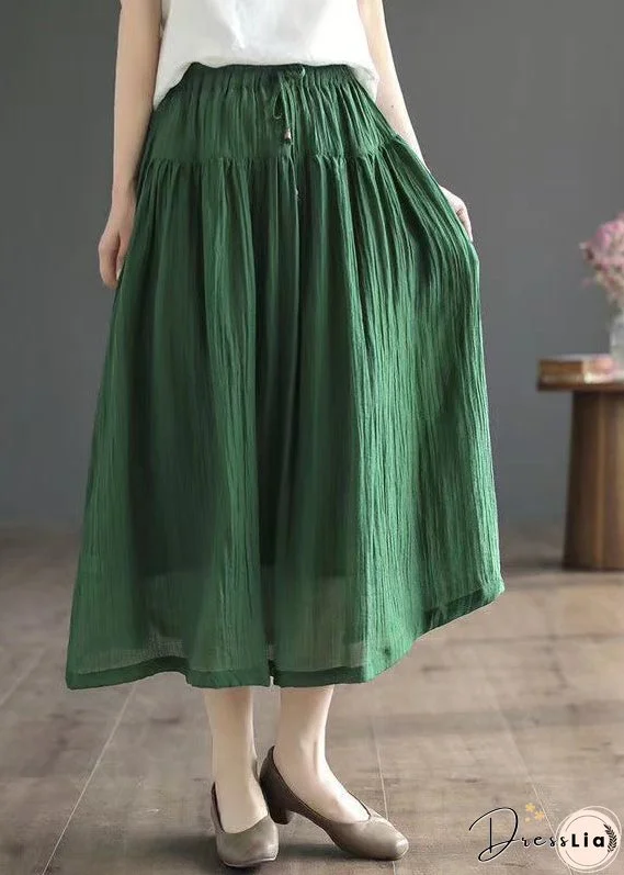 Vintage Green Wrinkled Elastic Waist Patchwork Cotton Skirt Summer
