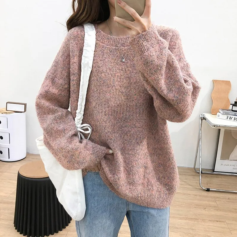 Autumn and winter women's sweater casual solid color round neck long sleeve loose sweater