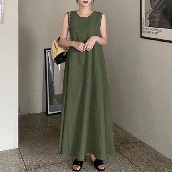 Women Casual Sleeveless Elegant Linen Cotton Solid Color O-neck Dress