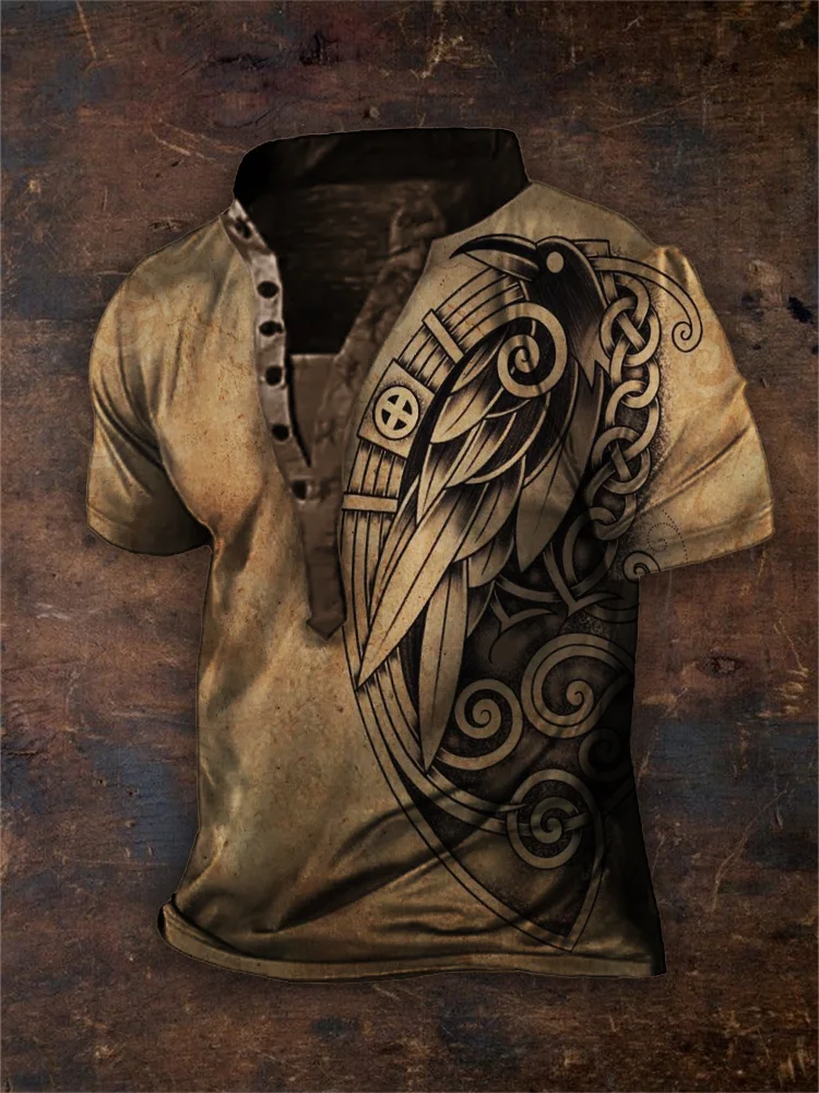 Broswear Men's Vintage Celtic Raven Faded Henley Shirt