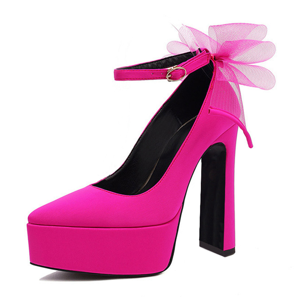 Satin Pointed Toe Ankle Strap Platform Pumps with Mesh Bow-Knot Nicepairs