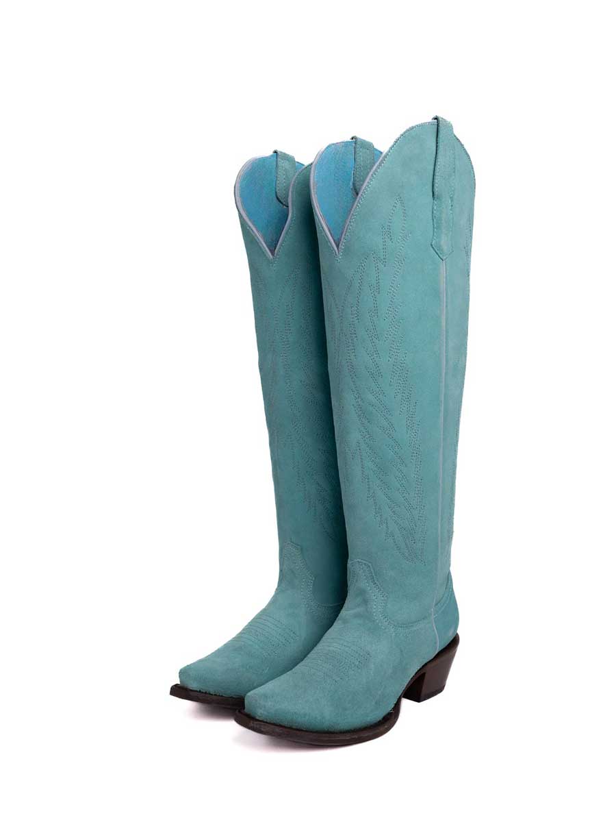 Blue Faux Suede Snip Toe Embroidered Chunky Heel Knee-High Cowgirl Boots