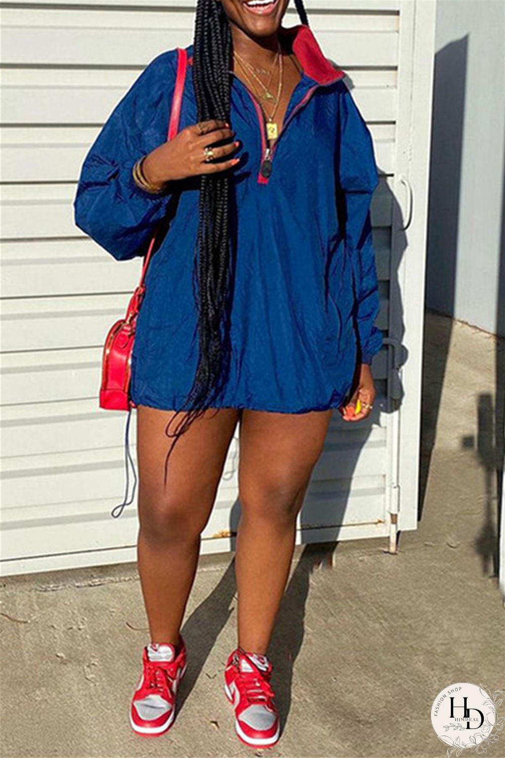 Deep Blue Fashion Casual Solid Split Joint Zipper Collar Long Sleeve Dresses