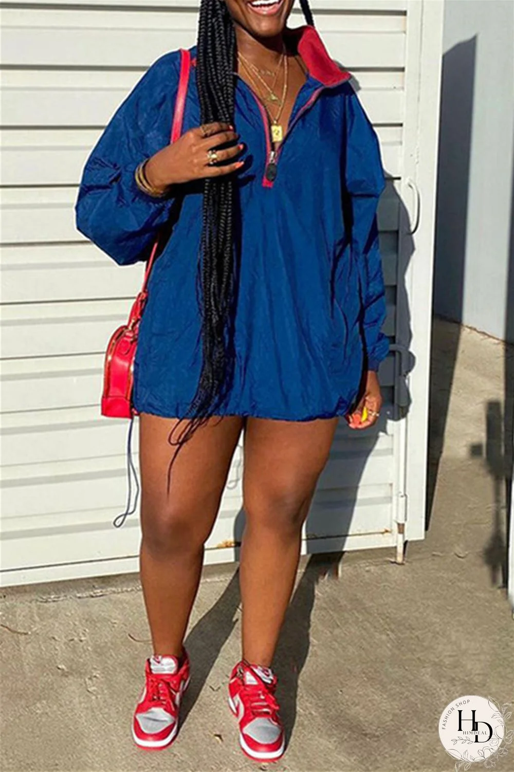 Deep Blue Fashion Casual Solid Split Joint Zipper Collar Long Sleeve Dresses