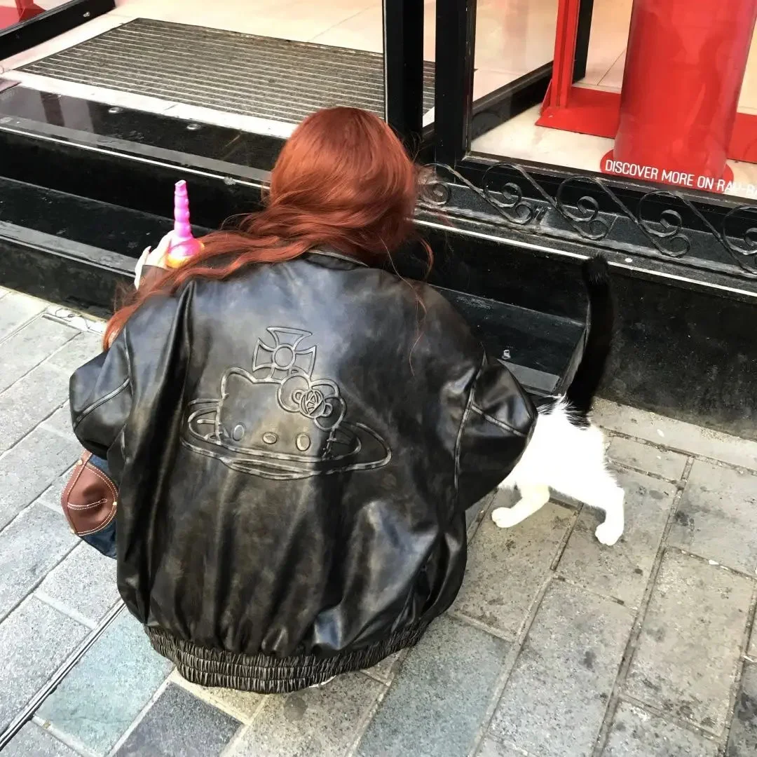 Toloer Faux Leather Brown Hello Kitty Biker Jacket-Outfit Ideas
