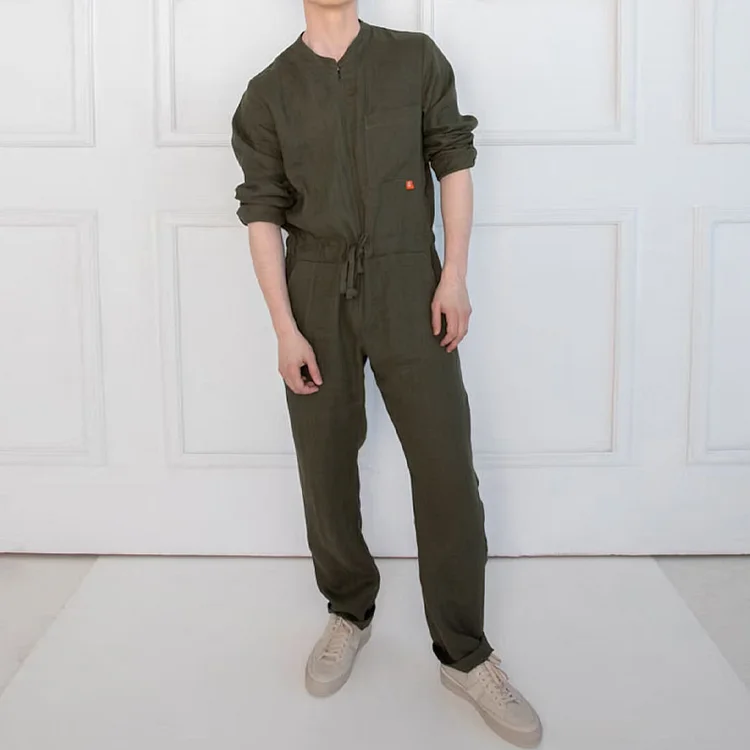 Vintage Linen Olive Green Zippered Long-Sleeved Jumpsuit