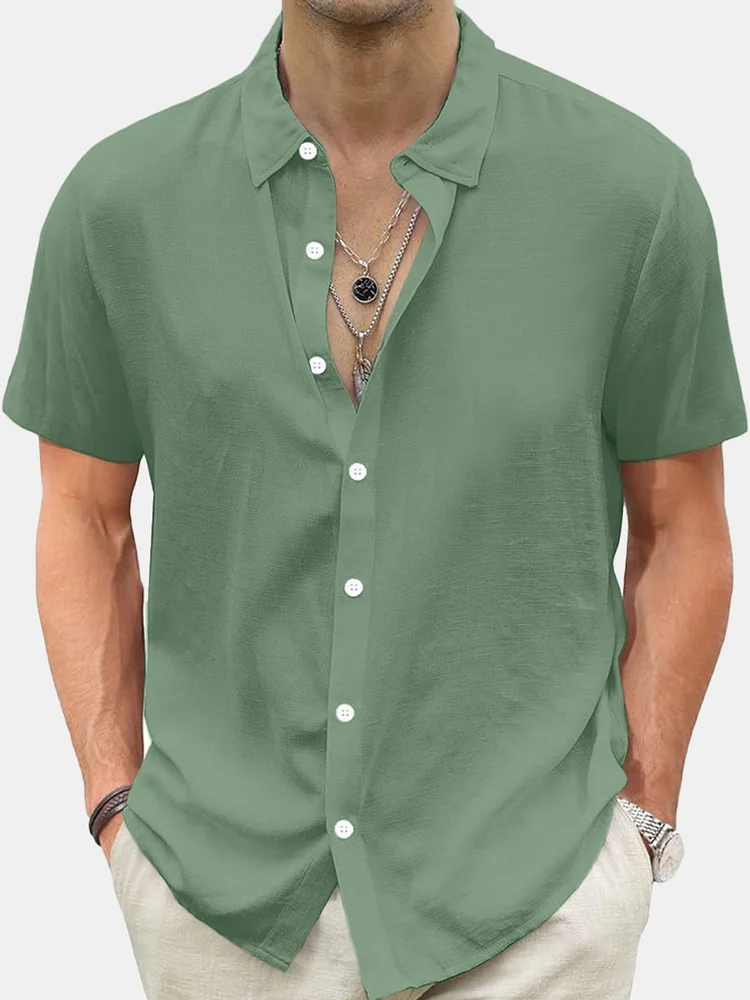 Men's Summer Loose And Comfortable Solid Color Linen-like Short-sleeved Shirt