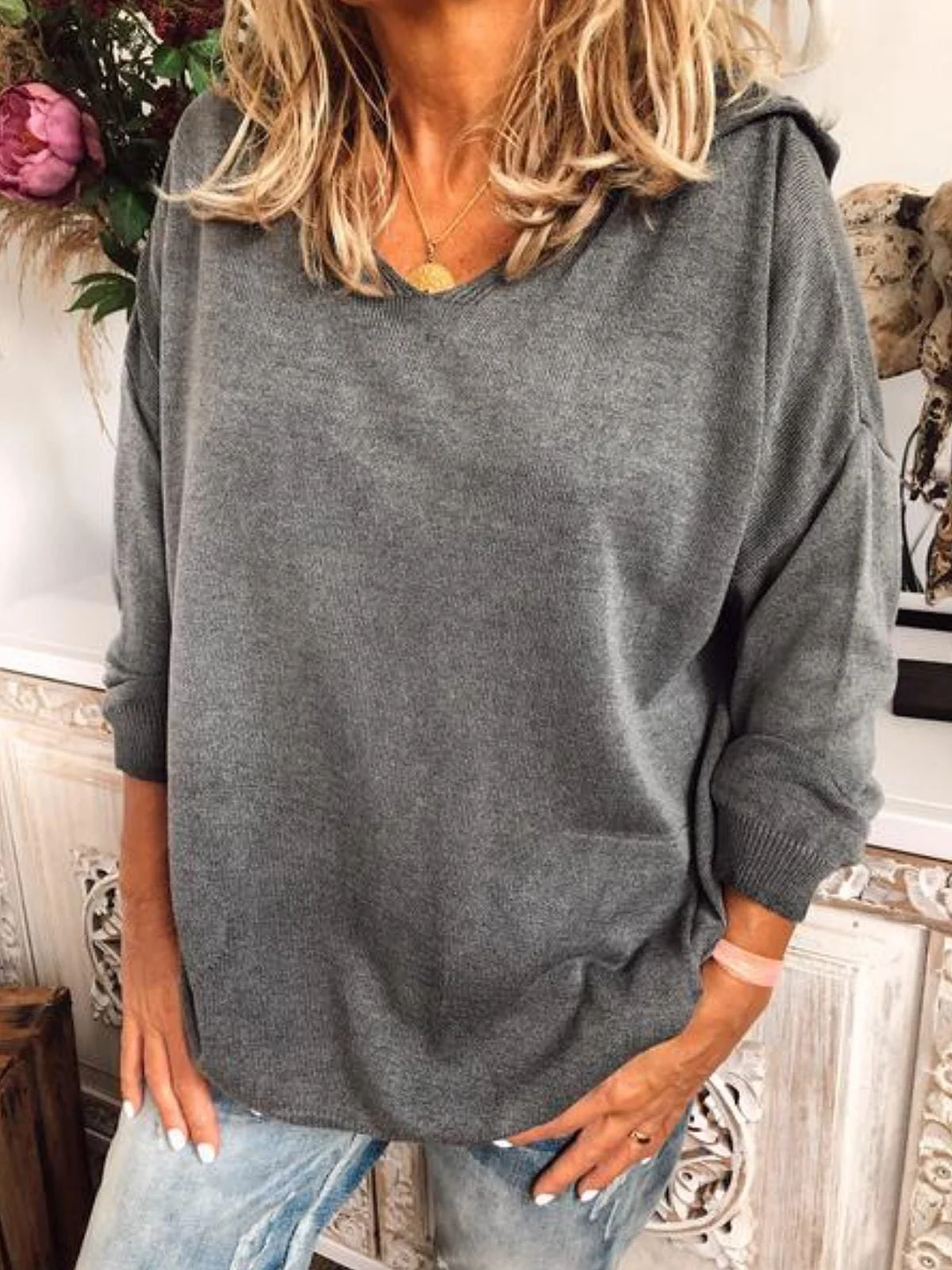 Grey Hoodie Long Sleeve Plus Size Sweater | EGEMISS