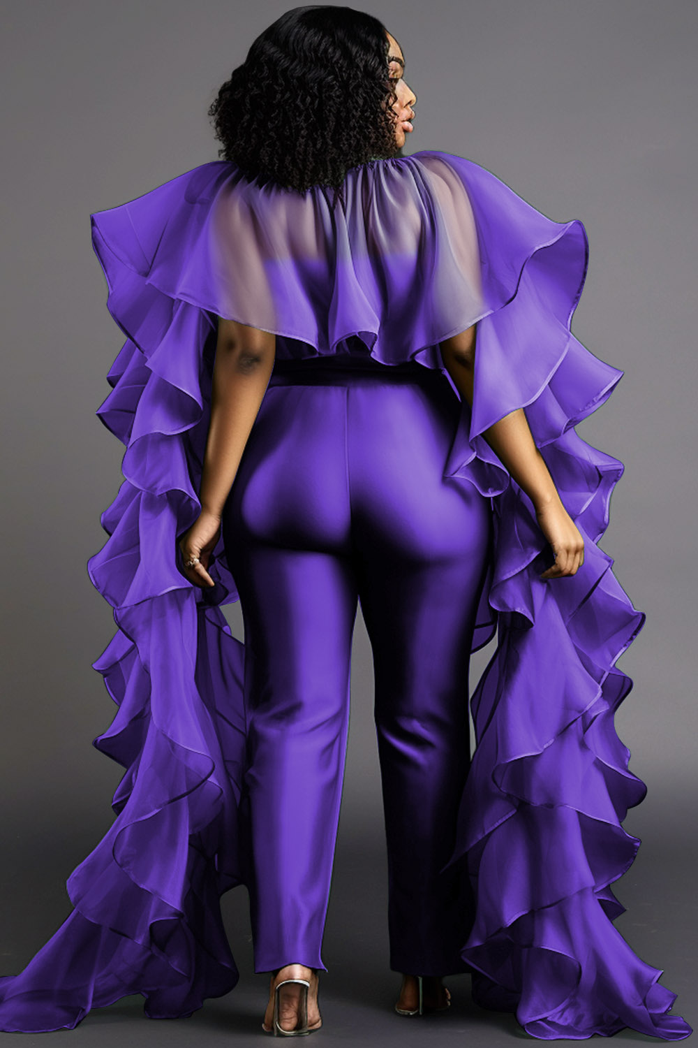 Design Plus Size Formal Elegant Purple Spring Summer Mock Neck Cape Sleeve Half Sleeve Ruffle Flounce Jumpsuits [Pre-Order]