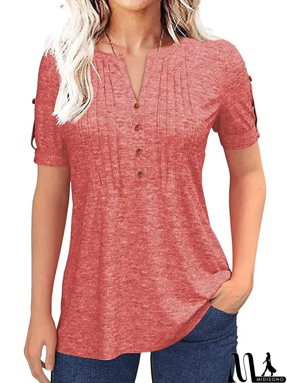 MidiSono - Women's T shirt Tee Henley Shirt Plain Black White Pink Button Short Sleeve Casual Fashion V Neck Regular Fit Summer