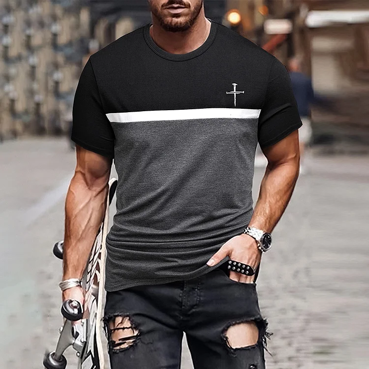 BrosWear Black And Gray Color Block Cross Faith Print Short Sleeves T-Shirt
