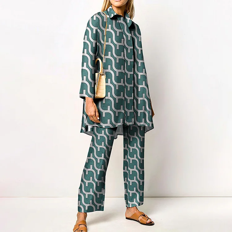 Fashion Geometric Print Long Sleeve Shirt Two Piece Set