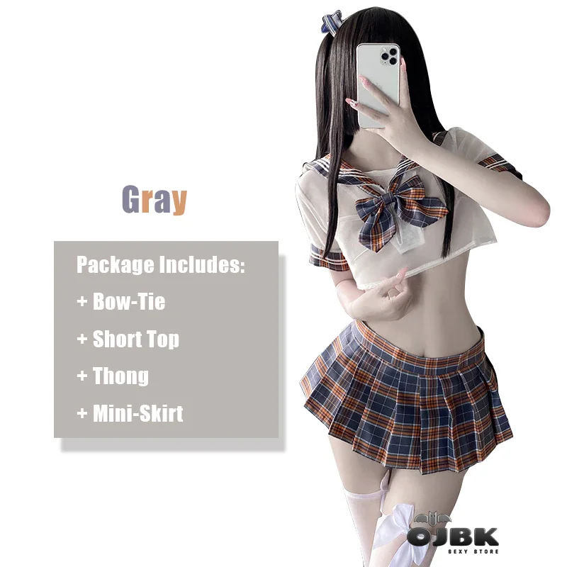 Billionm OJBK Women's Sexy School Outfit Young Lady Cosplay Costumes Transparent Top With Pleated Mini Skirt Japanese Anime Kawaii Set