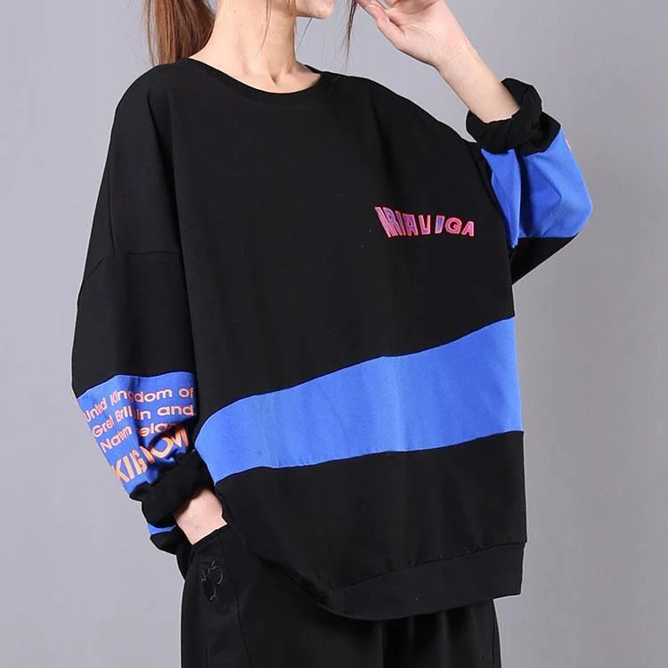 Organic o neck Letter cotton linen tops women Cotton blue shirt