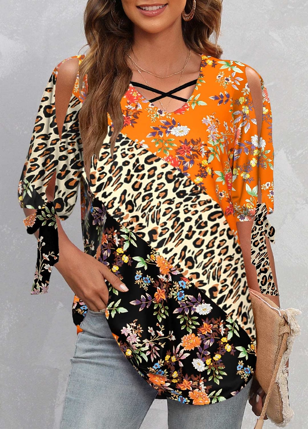 Cold Shoulder Leopard Cross Strap T Shirt
