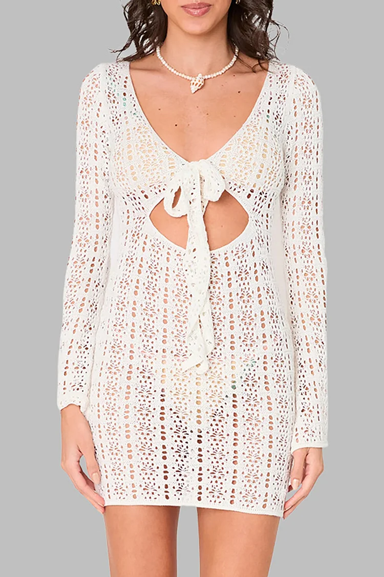 V Neckline Flare Sleeve Tie Up Cutout See Through Fitted Mini Dresses-White